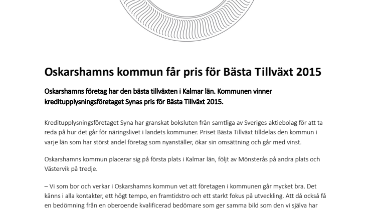 Oskarshamns kommun får pris för Bästa Tillväxt 2015