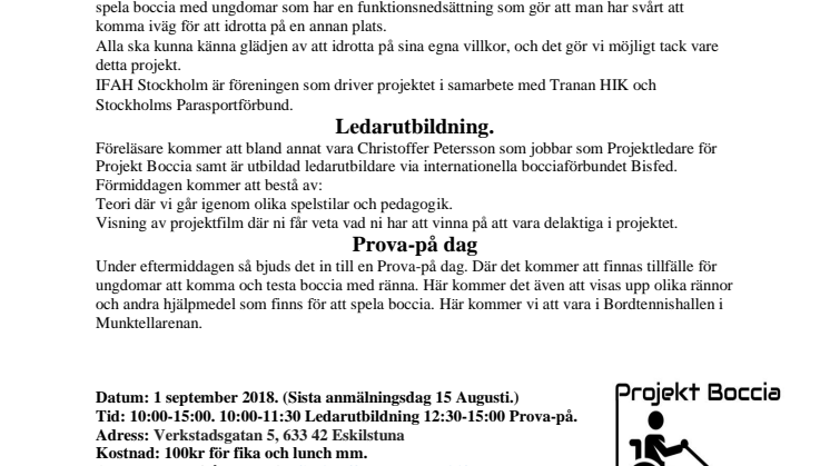 Projekt Boccia - Ledarutbildning och prova-på dag i Eskilstuna 1/9