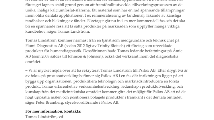Tomas Lindström ny vd för Psilox AB