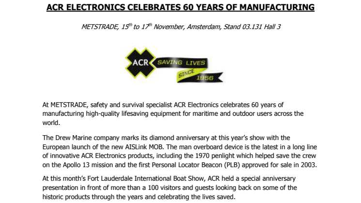 ACR Electronics Celebrates 60 Years of Manufacturing