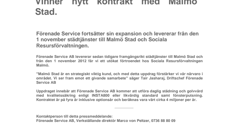 Förenade Service AB - Vinner nytt kontrakt med Malmö Stad