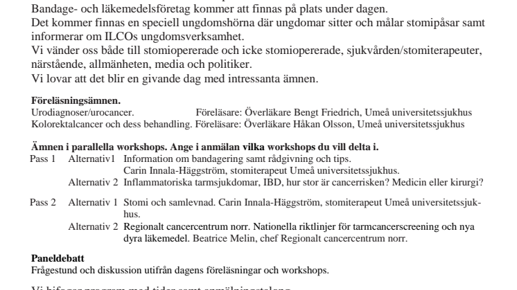 Stomidag med tema ”Cancer tarm/uro” den 5 oktober på Folkets i Umeå