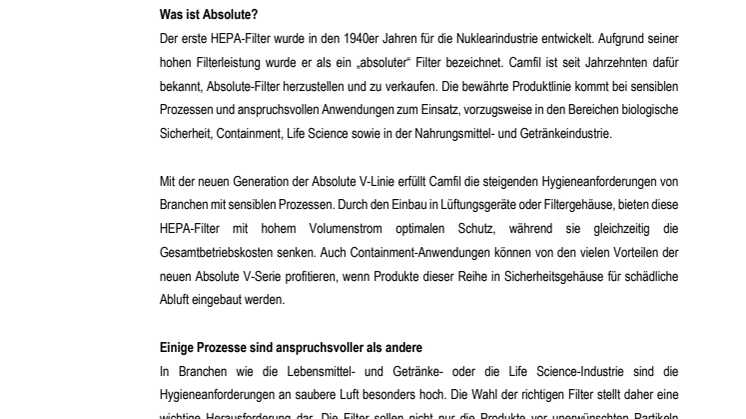 HEPA Filter der nächsten Generation: Die Produktlinie Absolute V  