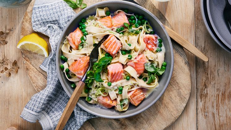 Kremet tagliatelle med laks. Foto: Godfisk.no