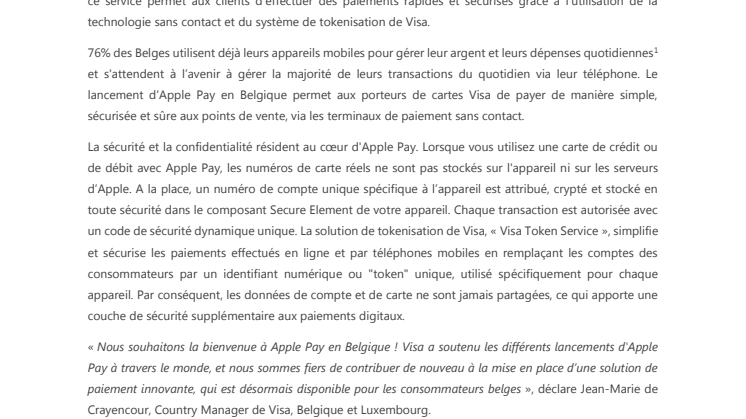 Apple Pay disponible pour les clients Visa en Belgique