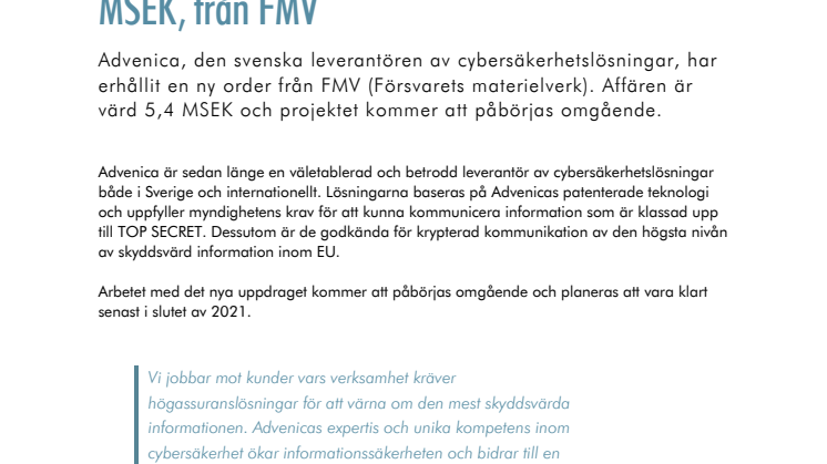 Advenica får nytt utvecklingsuppdrag, värt 5,4 MSEK, från FMV 