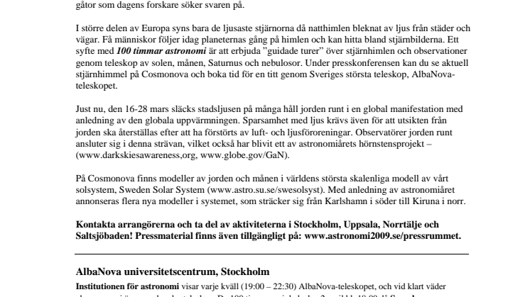 100 timmar astronomi 2-5 april (inställd presskonf idag kl 14.30)