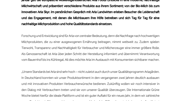 Arla Foods zeigt moderne, nachhaltige Milchwirtschaft auf der Grünen Woche