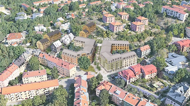 De nya kvarteren i mitten av bilden, formade som hästskor, byggs precis intill tunnelbanestationen och smälter in i Aspuddens befintliga bostadsområde. Illustration: DinellJohansson