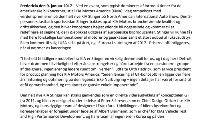 Verdenspremiere på KIA Stinger i forbindelse med North American International Auto Show