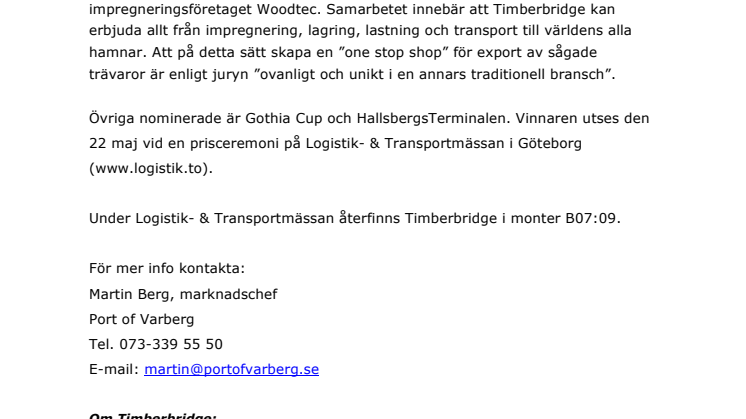 ”One-stop shop” ger Timberbridge chans att vinna  DB Schenkers Logistikpris 2012 