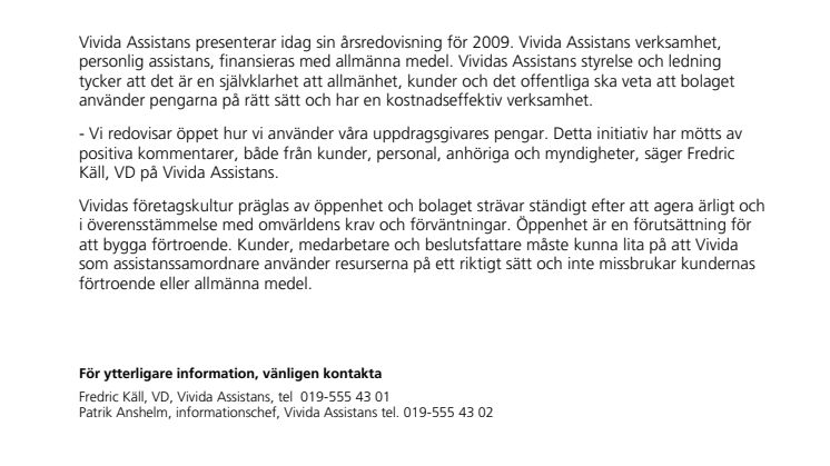 Vivida Assistans publicerar årsredovisningen för 2009