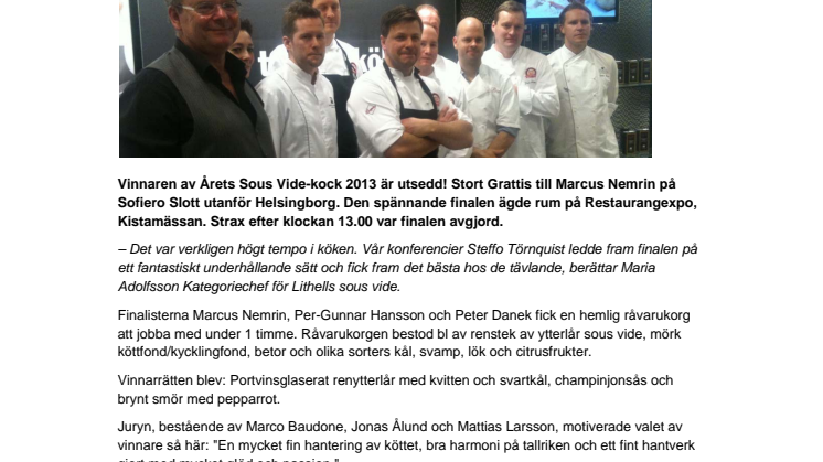 Pressmeddelande Final Årets sous vide kock 2013