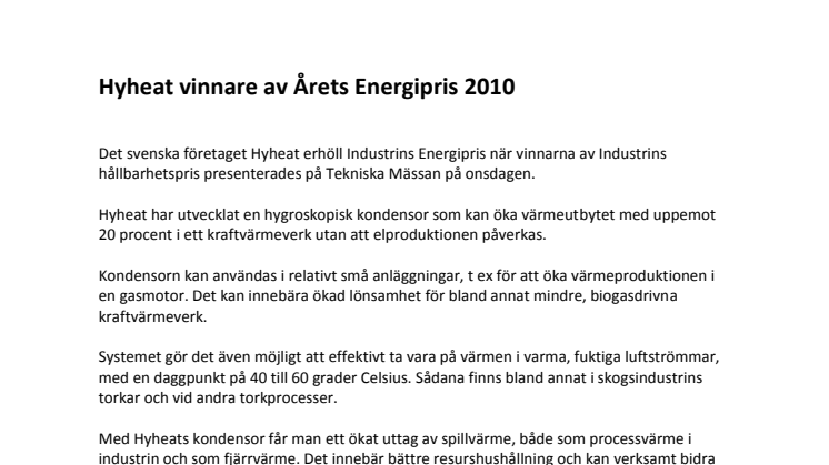 Hyheat vinnare av Årets Energipris 2010