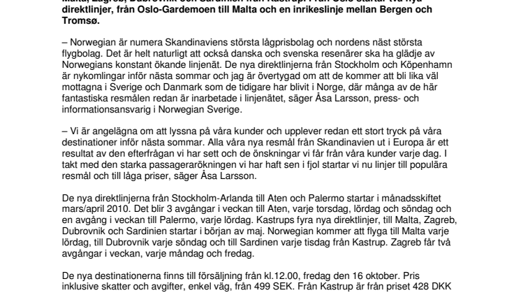 Svenskar får fler nya direktlinjer från Arlanda och Kastrup med Norwegian