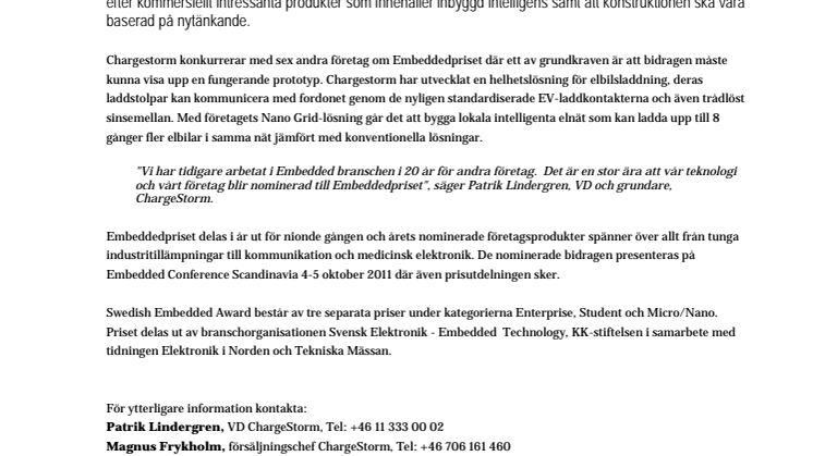 ChargeStorms smarta laddteknik nominerad till Swedish Embedded Award