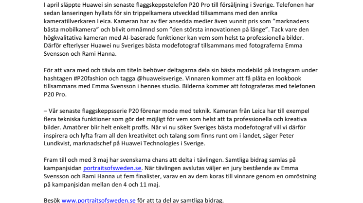 I samband med lanseringen av nya P20 Pro: Huawei efterlyser Sveriges bästa modefotograf  i unikt fotoprojekt