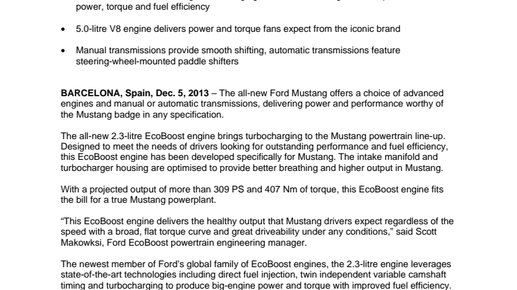 FORD MUSTANG POWERTRAIN - INTERNATIONAL PRESS RELEASE
