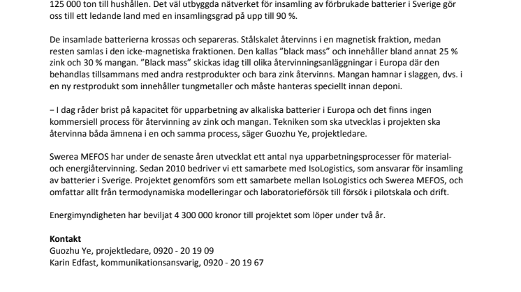 Swerea MEFOS tar täten för att återvinna mer av våra batterier