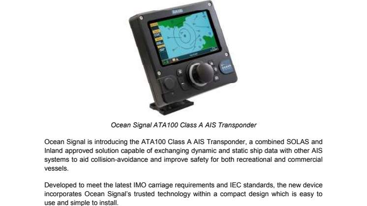 Ocean Signal Introduces ATA100 Class A AIS Transponder at METSTRADE