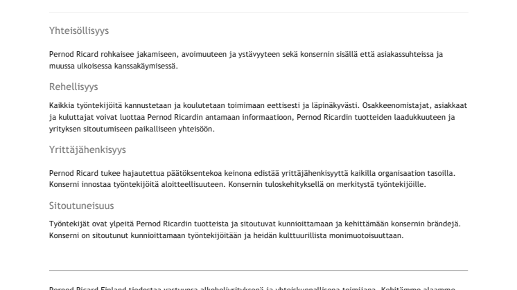 Pernod Ricard Finlandin toimintaa ohjaavat arvot