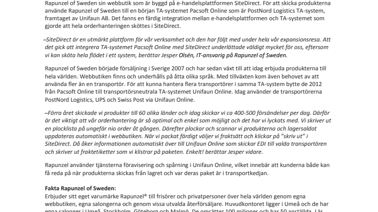 Rapunzel of Sweden skickar löshår till hela världen med hjälp av TA-systemet Unifaun Online