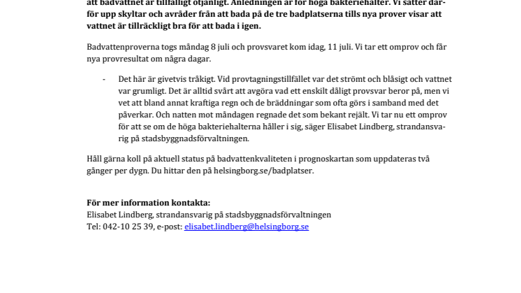 Tillfälligt dålig badvattenkvalitet på Fria bad, Kallis och Tropical beach