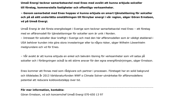 Umeå Energi tecknar avtal för att erbjuda enkel och bekväm lösning för solceller
