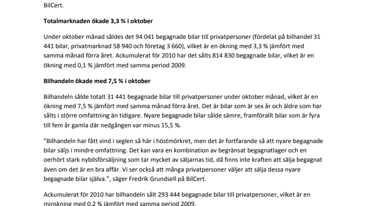 Försäljningen av begagnade bilar ökade med 3,3 % i oktober