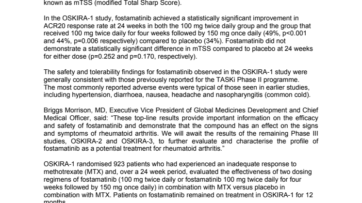 ASTRAZENECA ANNOUNCES TOP-LINE RESULTS FROM -1 PHASE III STUDY OF FOSTAMATINIB IN RHEUMATOID ARTHRITIS 
