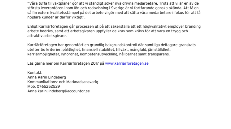 Accountor utsett till karriärföretag 2017