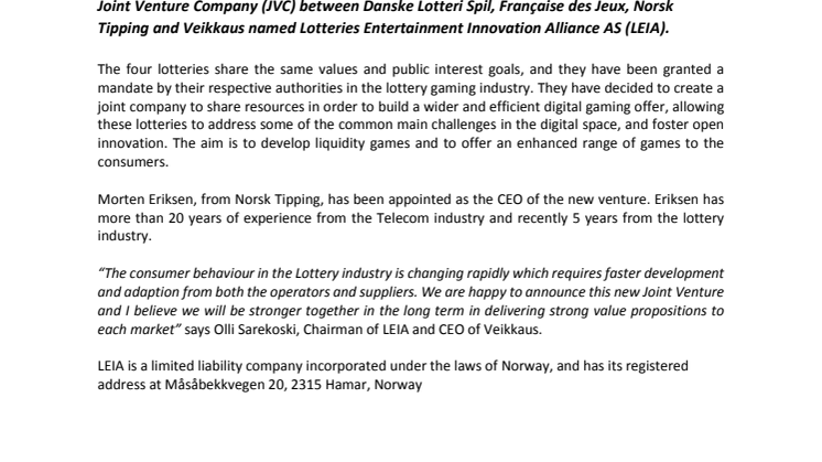ESTABLISMENT OF A NEW JOINT VENTURE COMPANY – LEIA