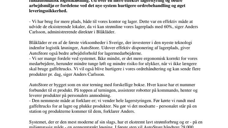 BLÅKLÄDER UDVIDER - INVESTERER 40 MILLIONER SEK I FULDAUTOMATISK LOGISTIKLØSNING