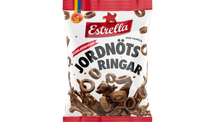 Chokladdoppade Jordnötsringar 100g, ett samarbete mellan Candy People och Estrella, 2021.