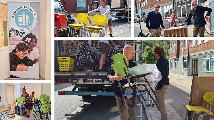 Såväl volontärer som anställda på Lekolar och Communityskolan fanns på plats för att bära in bord, stolar, golvskärmar och annat i den nyrenoverade skolan.