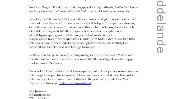 Stadsbiblioteket i Malmö: Internationella icke-våldsdagen 