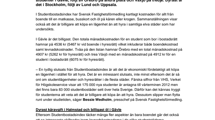 Svensk Fastighetsförmedlings Studentbostadsindex visar: Gävle är Sveriges billigaste studentstad