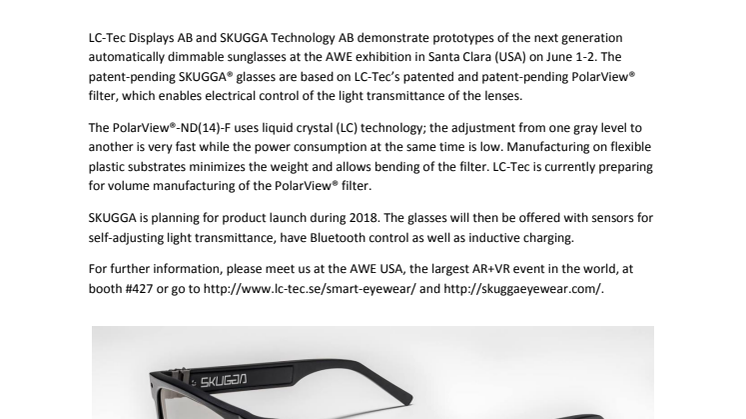 LC-Tec Holding AB - LC-Tec and SKUGGA demonstrate automatically dimmable sunglasses at the AWE exhibition in Santa Clara (170529)