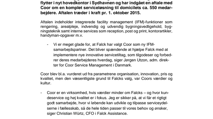 Coor har vundet en 4-årig aftale hos Falck om en integreret serviceløsning til deres nye domicil, Falck-Center CPH i Sydhavnen