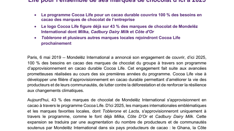Mondelēz International s’engage à couvrir 100% de ses besoins en cacao durable à travers son programme Cocoa Life pour l’ensemble de ses marques de chocolat d’ici à 2025