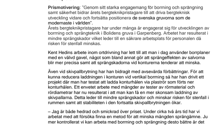 Kent Hedin årets vinnare av Atlas Copco Bergteknikpris!