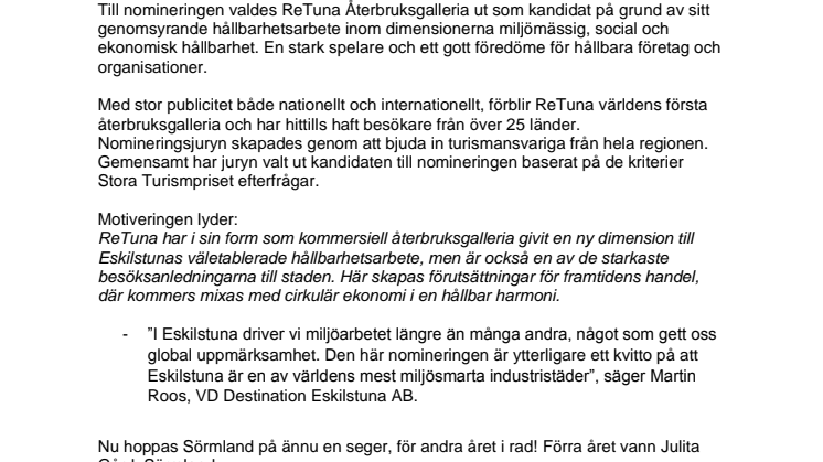 Sörmland nominerar ReTuna till Stora Turismpriset 2019