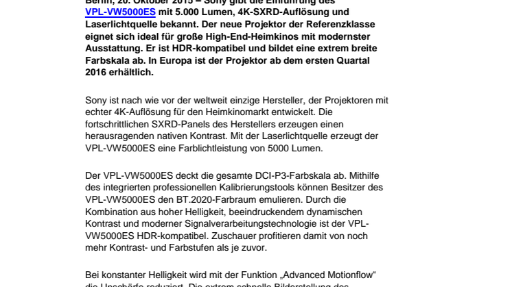 Laserlichtquelle, 4K und 5.000 Lumen: Sony stellt den Heimkinoprojektor VPL-VW5000ES vor