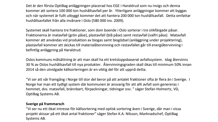 OptiBag inviger världens största optiska sorteringsanläggning för källsorterat hushållsavfall