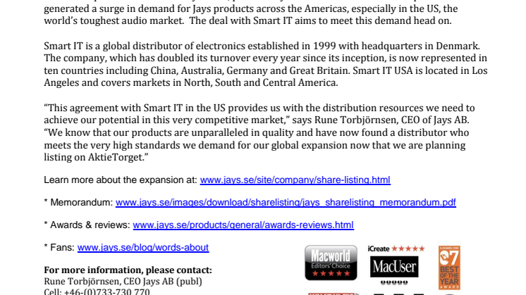 Jays signs American distribution deal with Smart IT