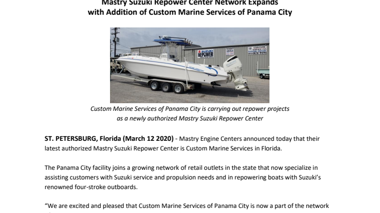 Mastry Suzuki Repower Center Network Expands with Addition of Custom Marine Services of Panama City