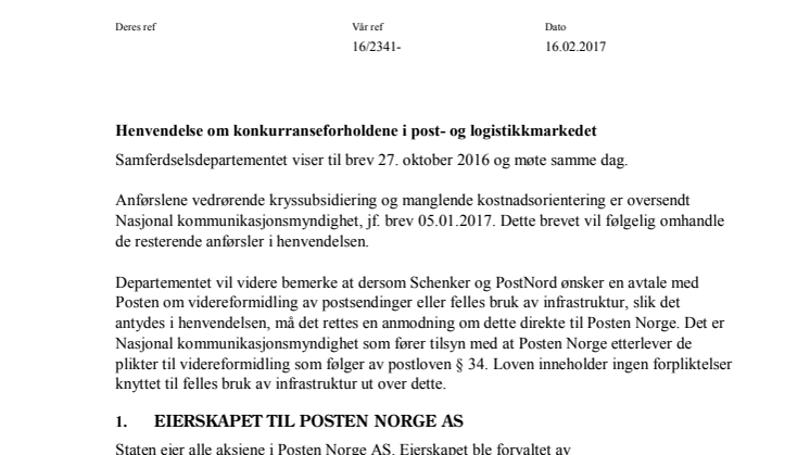 Henvendelse om konkurranseforholdene i post- og logistikkmarkedet