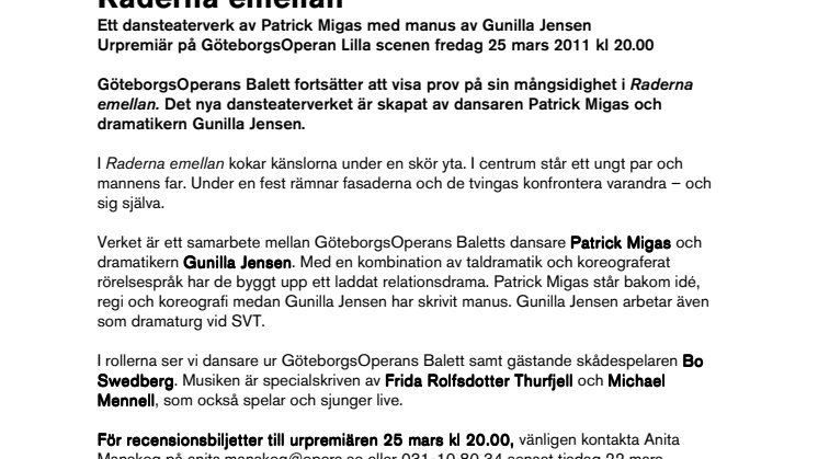 Raderna emellan - urpremiär på GöteborgsOperan Lilla scenen 25 mars