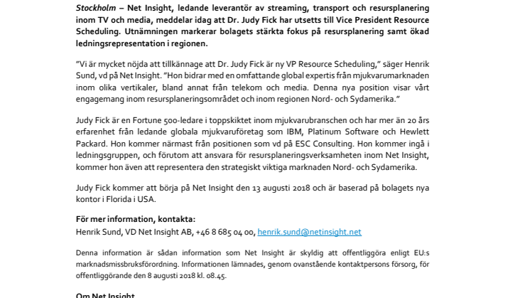Net Insight förstärker ledningen för den amerikanska verksamheten