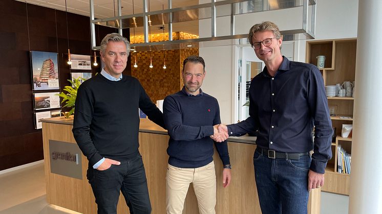Carl von Strokirch, verksamhetsområdeschef fastighetsutveckling, Granitor Properties, Max Sandberg, vd Srenity Solutions, Thomas Pålsson, verksamhetsutvecklings- och DA/IT-chef.